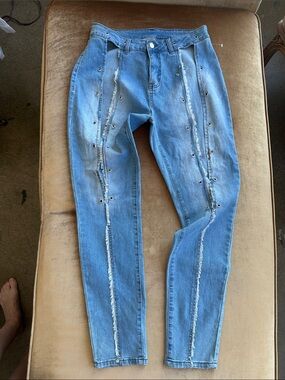 Open front leg High waist Denim Light blue wash Jeans Funky street wear Light